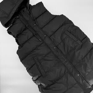 Black Longline Puffer Hooded XL Women Padded Sleeveless Vest Jacket Zip Snap